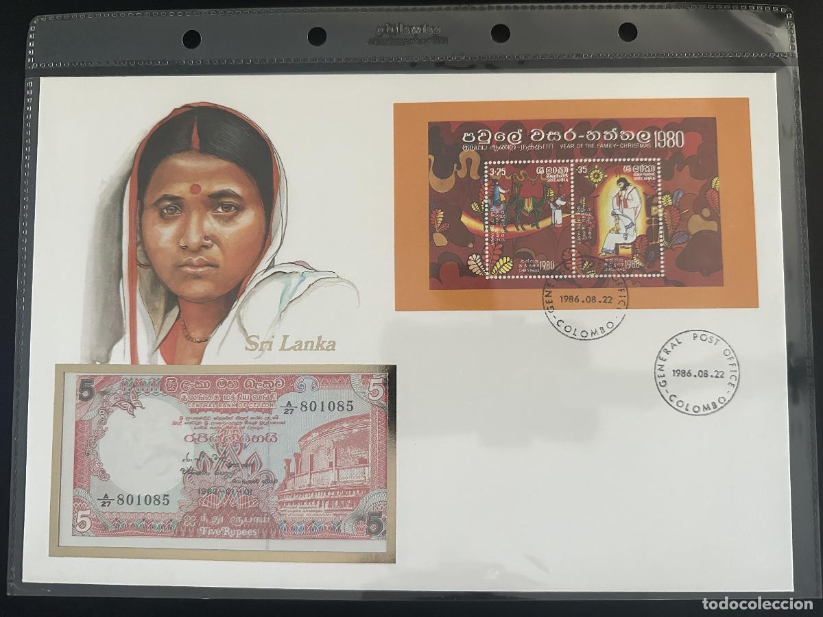 Sellos: Sri Lanka sobre numism&aacute;tico bloque Navidad 1980 billete 5 Rupias