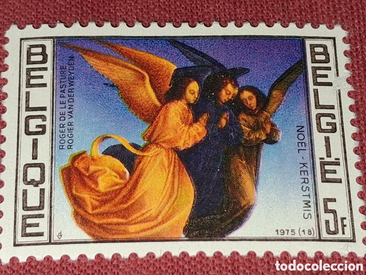 Sellos: Sello B&eacute;lgica nuevo 1975. Navidad. Religi&oacute;n. Arte. Tres &Aacute;ngeles. Retablo. Pintura. Art esania.