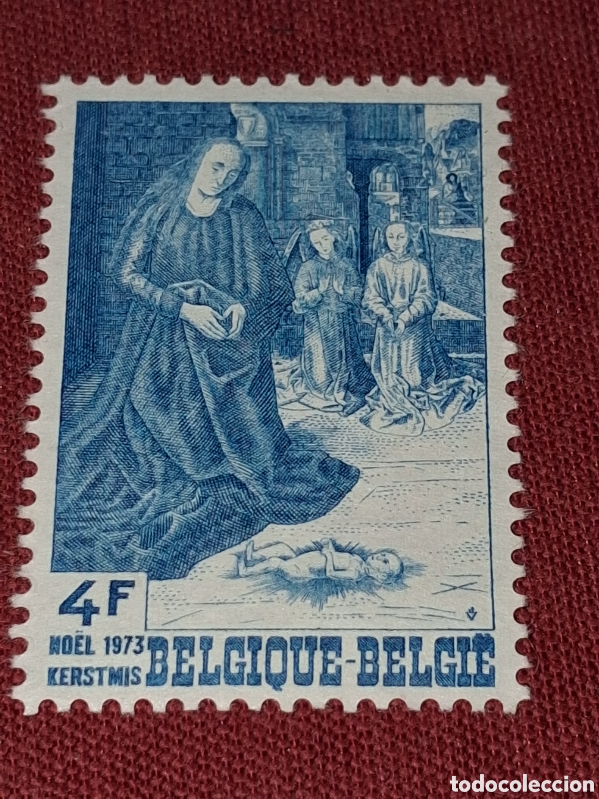Sellos: Sello B&eacute;lgica nuevo 1973. Navidad. Religi&oacute;n. Celebraciones. Adoraci&oacute;n. Pintura. Arte. Hugo Goes