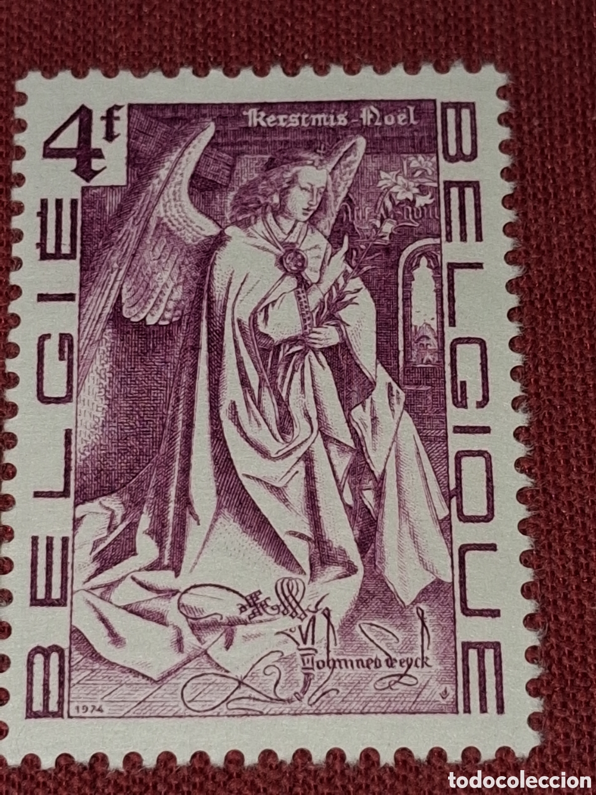 Sellos: Sello B&eacute;lgica nuevo 1974. Arc&aacute;ngel Gabriel. Pintura. Eyck Brothers. Religi&oacute;n. &Aacute;ngel. Arte.
