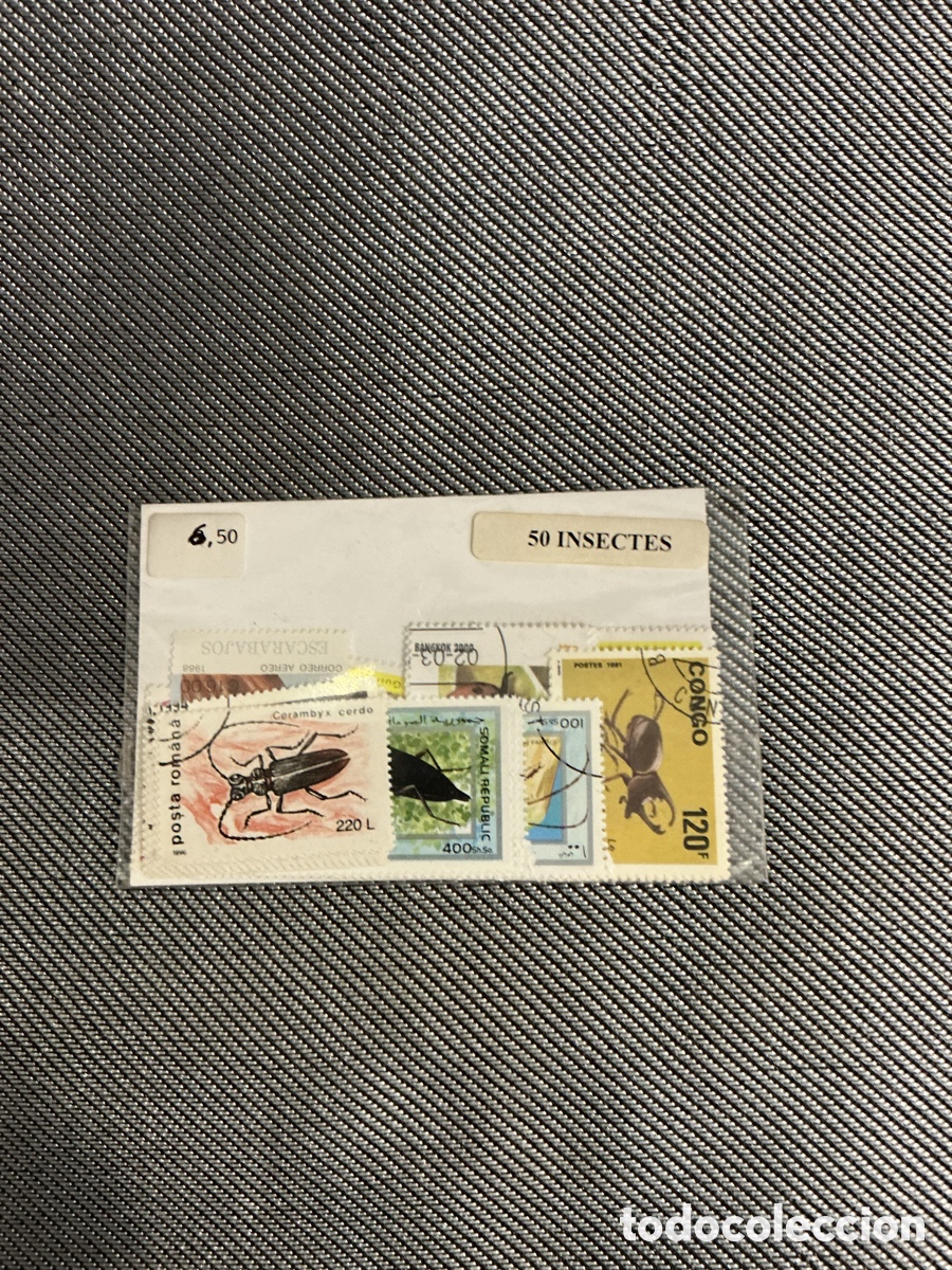 Sellos: Lote de 50 sellos tem&aacute;ticos de insectos de distintos pa&iacute;ses, en sobre clasificado