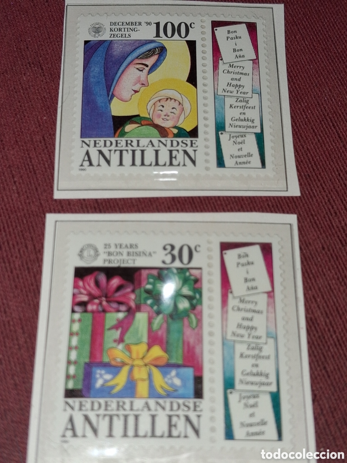 Sellos: Sello Antillas Holandesas nuevo 1990. Navidad. Religi&oacute;n. Adornos. Regalos. Lazos. Virgen