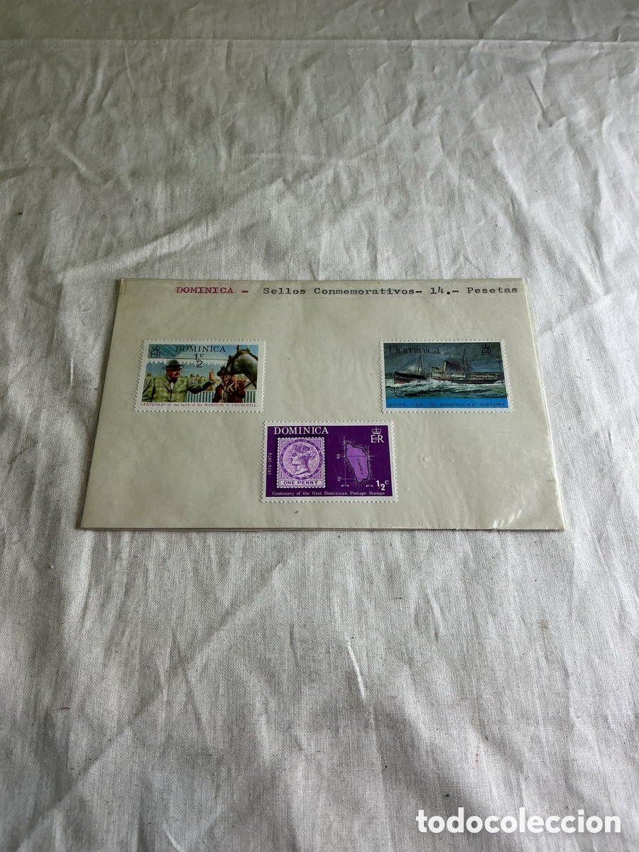Sellos: DOMINICA 1974&ndash;1975 &ndash; 3 SELLOS &ndash; CHURCHILL, BARCO Y CENTENARIO POSTAL