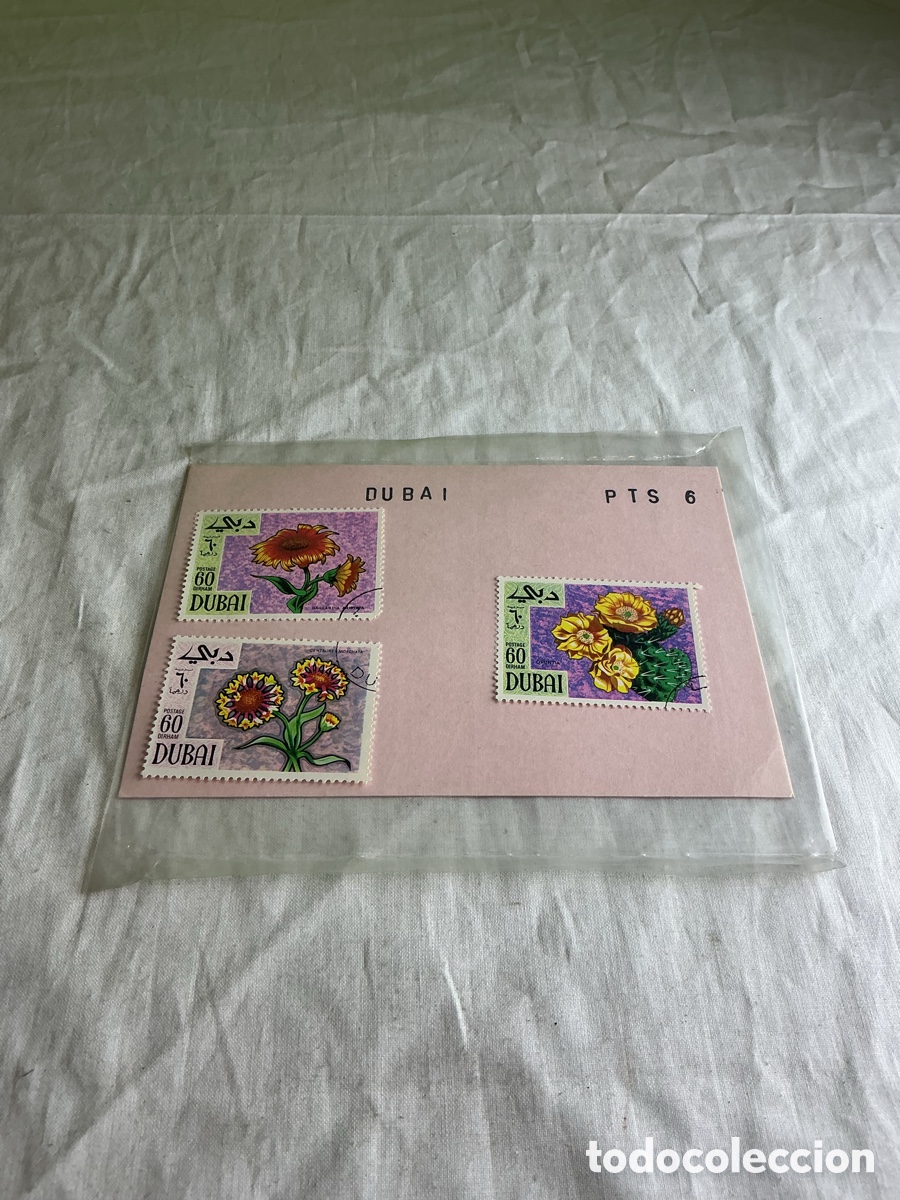 Sellos: Dub&aacute;i 1968 &ndash; Lote de 3 sellos de flores y cactus &ndash; Bot&aacute;nica