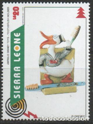 Sellos: SIERRA LEONA IVERT N&ordm; 2022, NAVIDAD 1995, JUGUETES: Portacepillos del Pato Donald, NUEVO ***