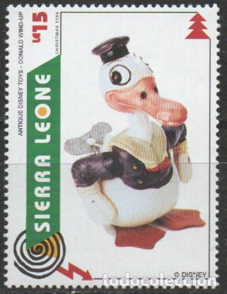 Sellos: SIERRA LEONA IVERT N&ordm; 2021, NAVIDAD 1995, JUGUETES: Juguete de cuerda del Pato Donald, NUEVO ***