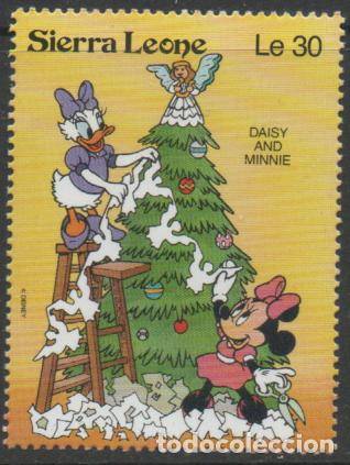Sellos: SIERRA LEONA IVERT N&ordm; 1535, Daisy y Minnie Mouse decorando el &aacute;rbol de Navidad, NUEVO ***