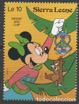 Sellos: SIERRA LEONA IVERT N&ordm; 1533, Minnie Mouse decorando el &aacute;rbol de Navidad, NUEVO ***