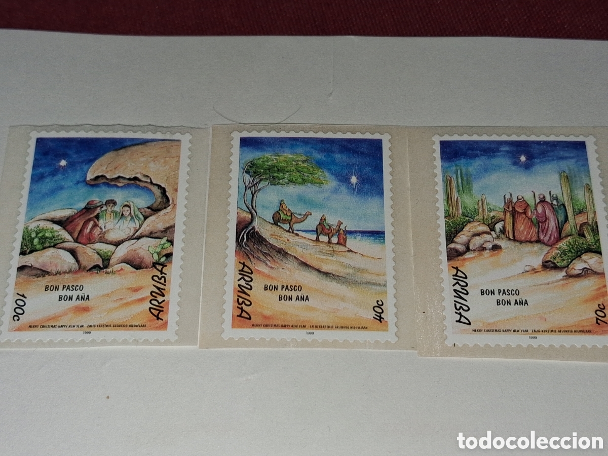Sellos: Sello, autoadesivo Aruba nuevo 1999. Navidad. Magos. Desierto. Flora. Nacimiento. Camello. &Aacute;rboles.