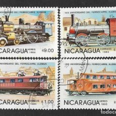 Sellos: SE)1985 NICARAGUA 150TH ANNIVERSARY OF THE GERMAN RAILWAY, UP CTO TRAINS AND USED DOWN TRAINS