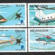 Sellos: SD)1988 NICARAGUA INTERNATIONAL PHILATELIC EXHIBITION FINLAND '88, HELSINKI, HELICOPTERS, 4 CTO STA