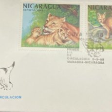Sellos: D)1988, NICARAGUA, FIRST DAY COVER, ISSUE, FAUNA, LEON, ZORRO, MANAGUA-NICARAGUA CIRCULATION, FDC