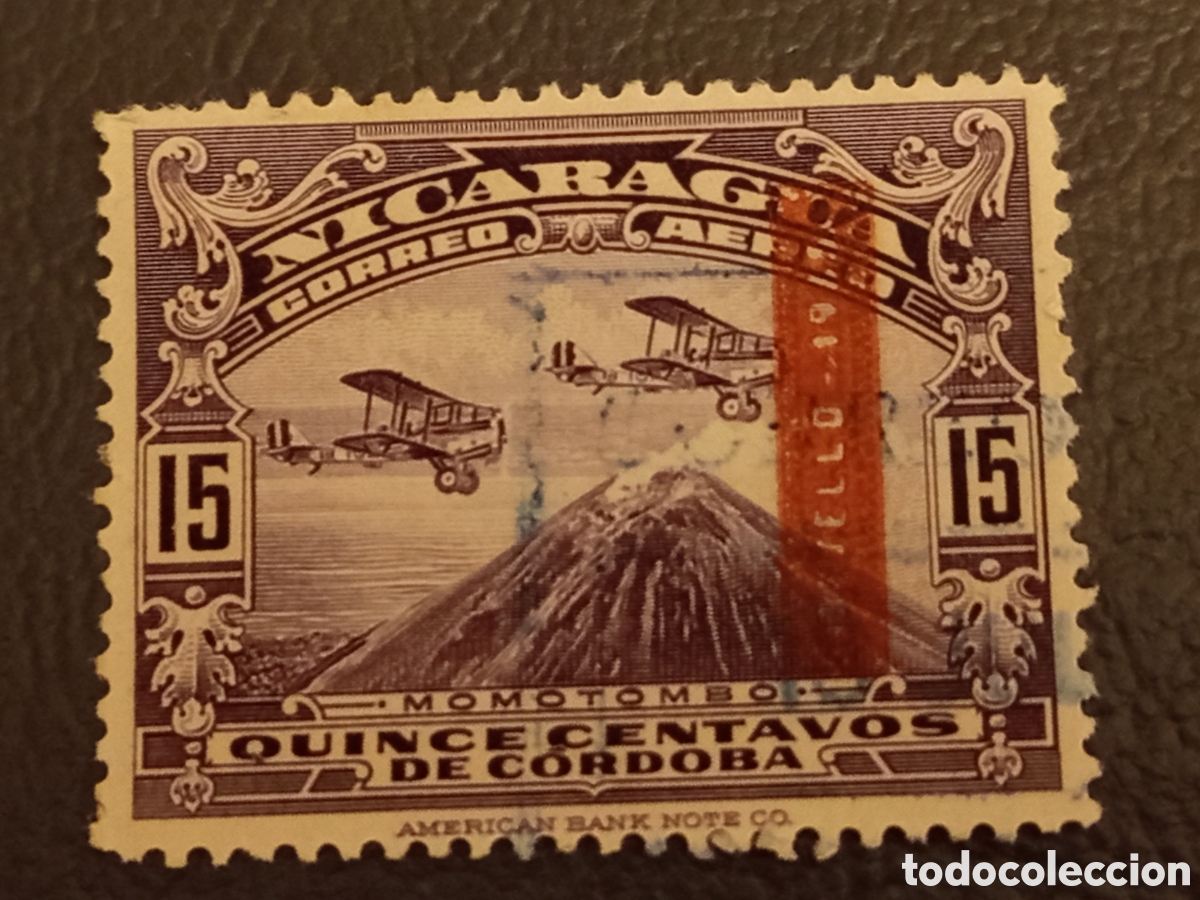 Sellos: Sello Nicaragua 1929 - Correo A&eacute;reo Volc&aacute;n Momotombo 15c - Scott C6 Resellado