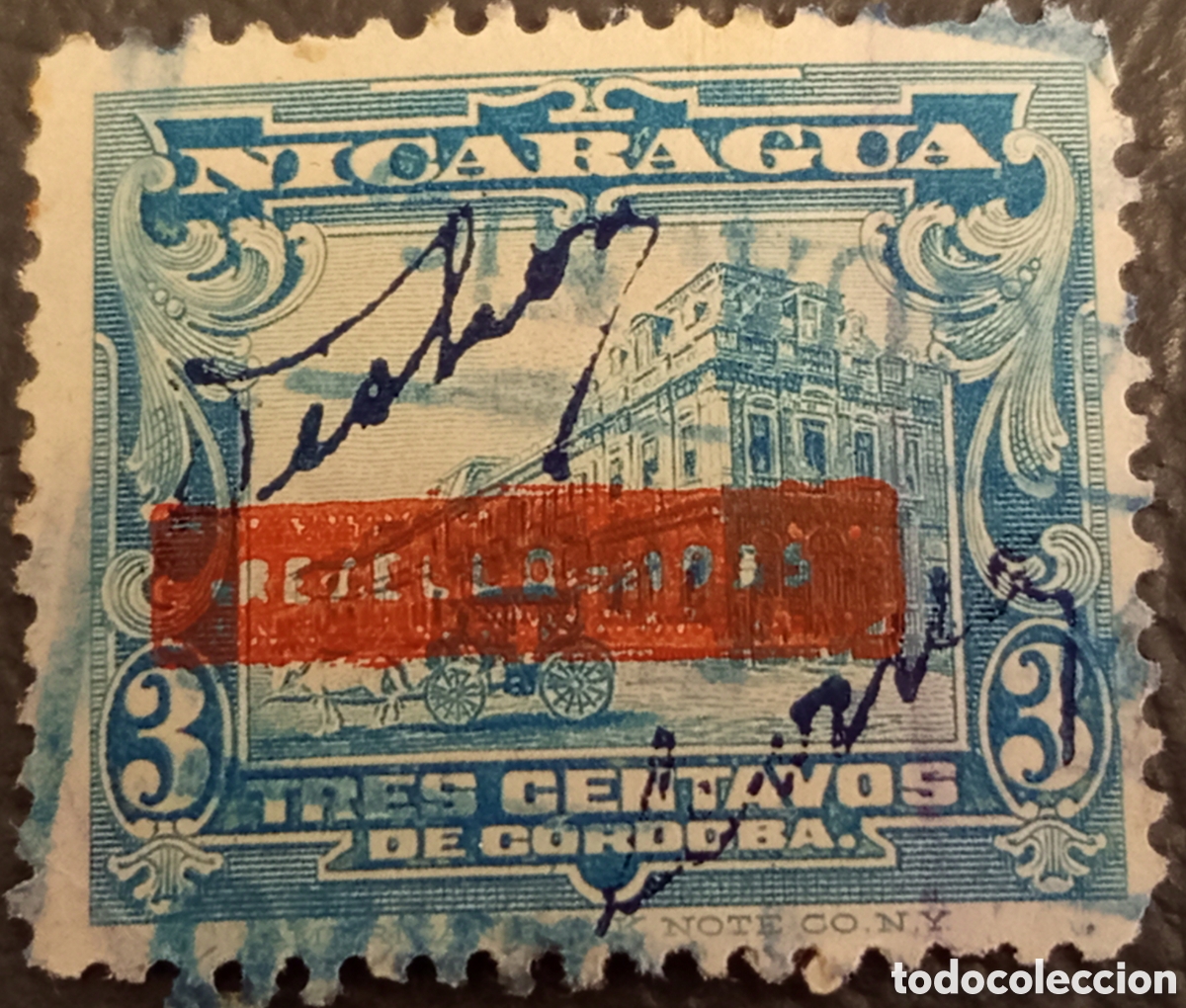 Sellos: Sello Antiguo Nicaragua 1914 Palacio Nacional 3 Centavos Resellado Cat&aacute;logo Michel 410