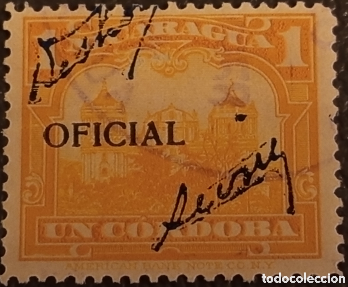 Sellos: Sello Oficial Nicaragua 1912 Un C&oacute;rdoba Sobrecarga Negro Cat&aacute;logo Yvert #93 / Scott #O56 Usado
