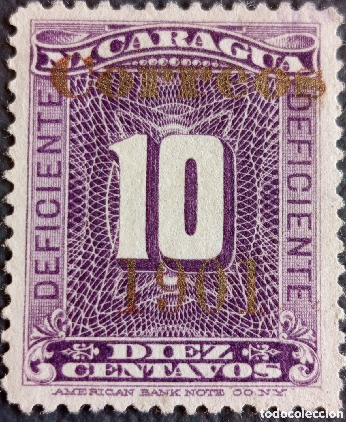 Sellos: Nicaragua 1901 &bull; Raro 10c Tasa Sobrecarga Dorada &bull; MH Scott 140 / Yvert 126 &bull; Marquilla