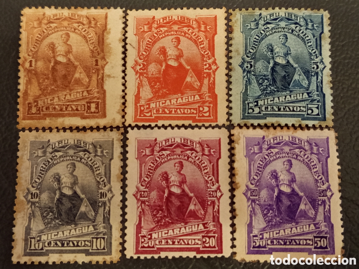 Sellos: Nicaragua 1891 - Lote de 6 Sellos &rdquo;Alegor&iacute;a de la Abundancia&rdquo; (Scott #30-35)