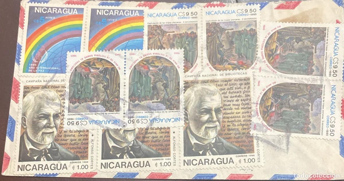 Stamps: O) 1985 NICARAGUA, INTERNATIONAL YEAR OF PEACE, VICTORY OVER FASCISM, ALFONSO CORTES, NATIONAL LIBRA