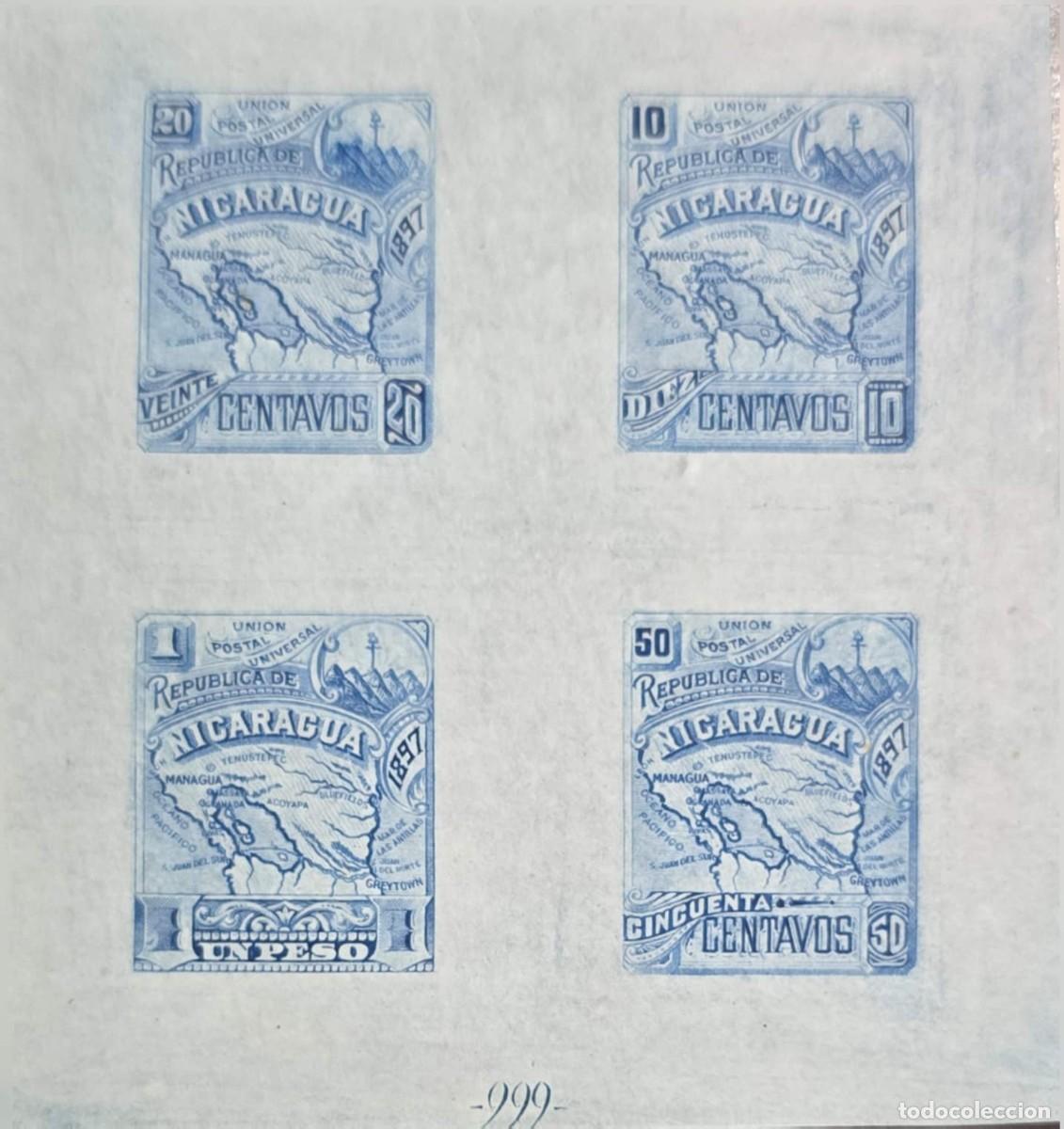 Sellos: O) 1896 NICARAGUA, PROOF, MAPOF NICARAGUA, COMPLETE SET OF VALUES, ONTHIN PAPER, TOGETHER, BLOCK MN
