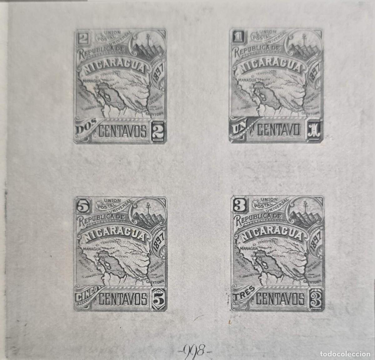 Sellos: O) 1896 NICARAGUA, PROOF, MAP OF NICARAGUA, BLOCK MNH