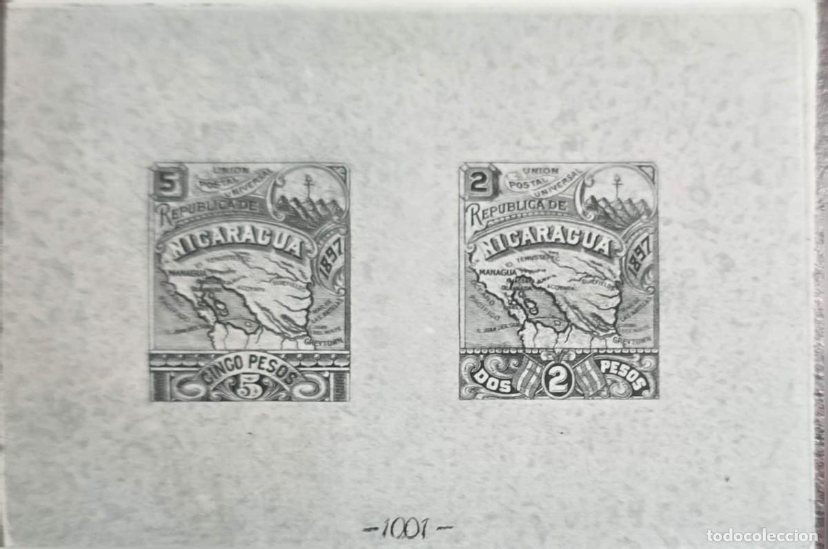 Sellos: O) 1896 NICARAGUA, PROOF, MAP OF NICARAGUA, PAIR MNH
