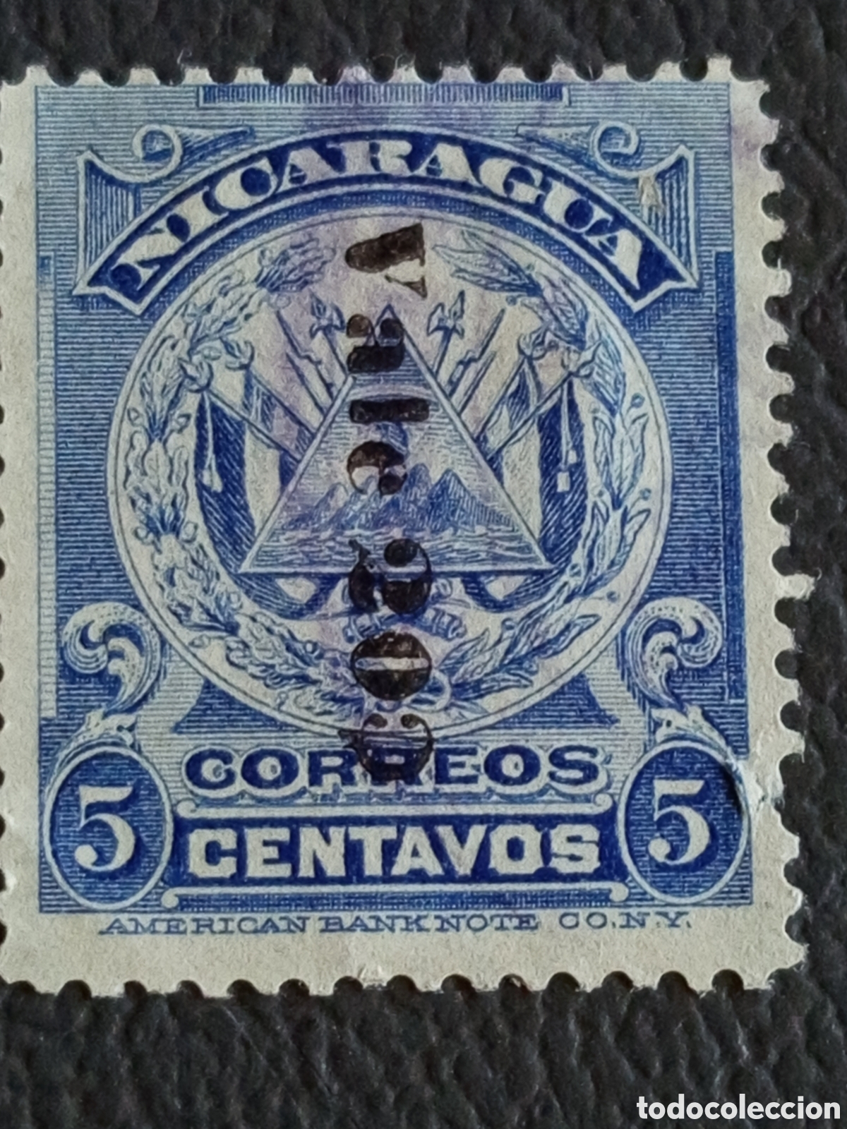 Sellos: Sello Nicaragua Cl&aacute;sico 5c Azul con Sobrecarga Negra Usado/MH