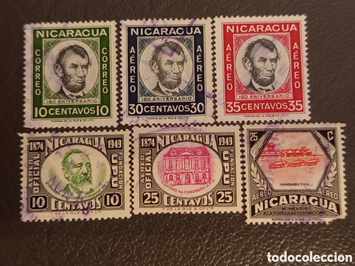Sellos: Lote 6 Sellos Nicaragua 1949/1959 Lincoln y UPU Usados Michel 1073/1075+