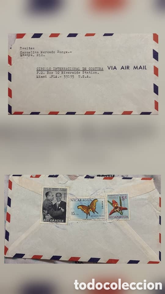 Sellos: CA)Nicaragua + 1970s + Airmail & Culture + Envelope from Masaya to Miami with stamps showing handsha
