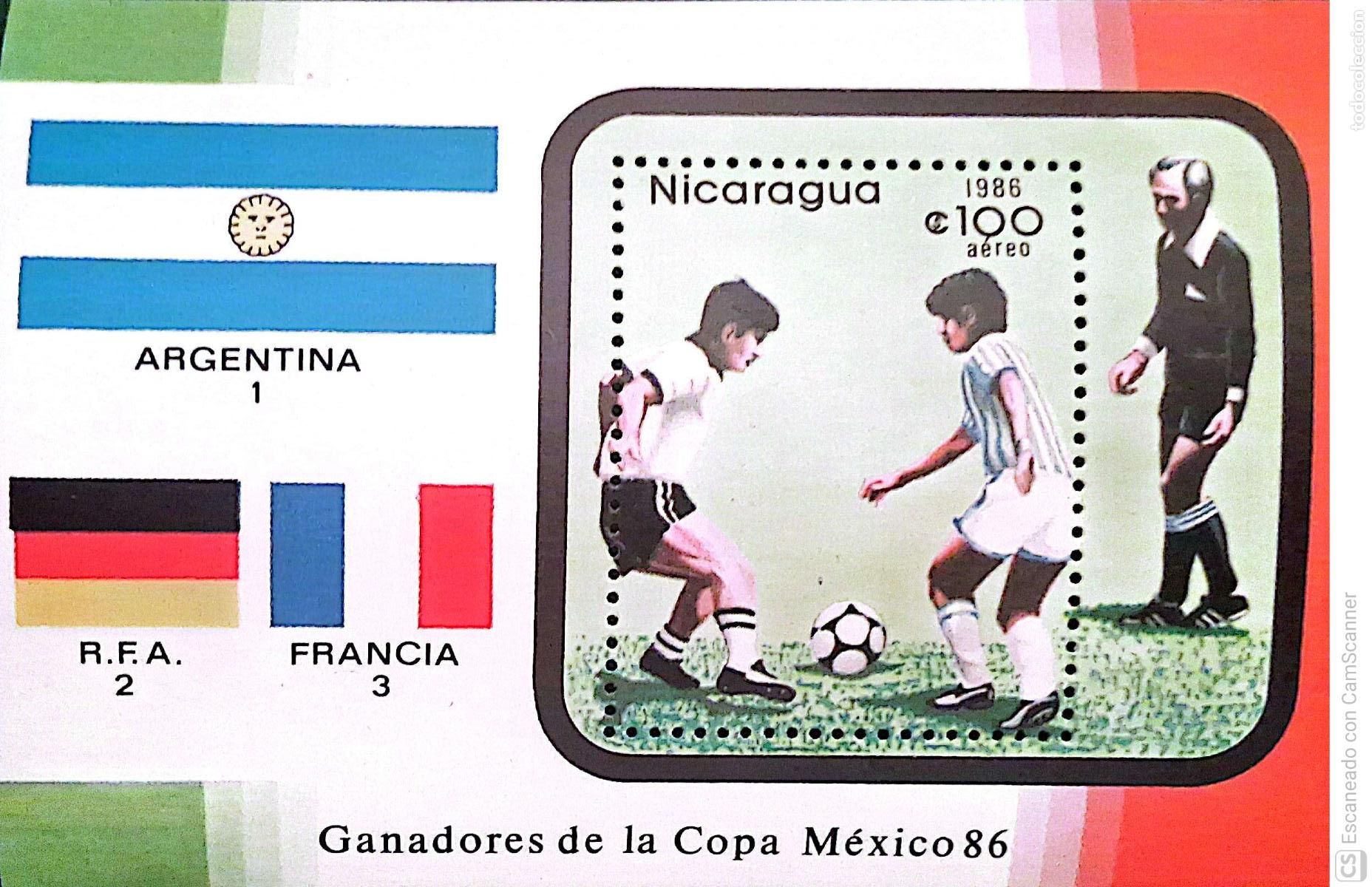 Sellos: Nicaragua. HB 178Copa mundial de f&uacute;tbol M&eacute;xico'86: Vencedor Argentina. 1986. Sellos nuevos y numera