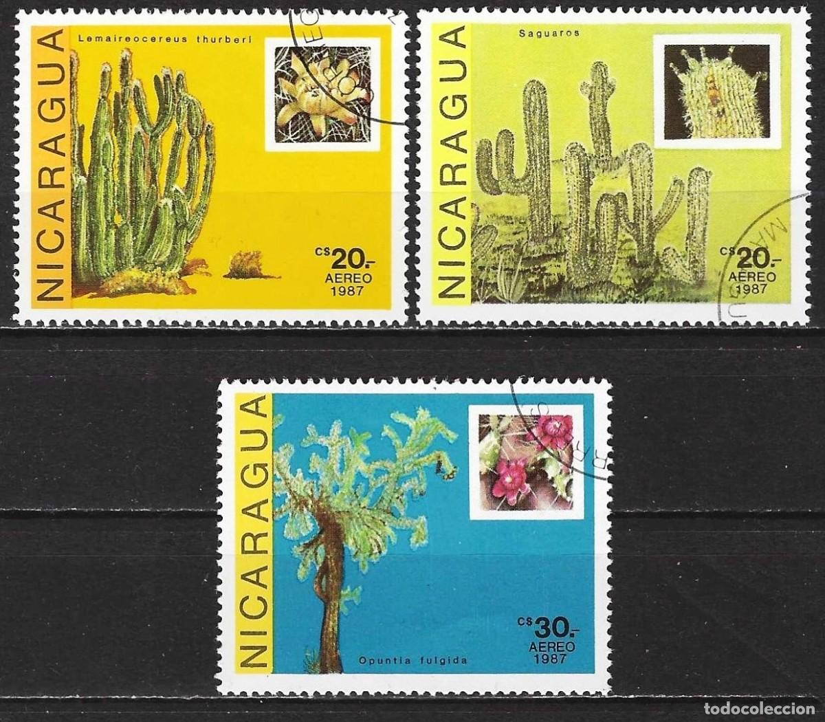 Sellos: Nicaragua 1987 - Mi 2803 a 2805 - YT A 1220 a A 1222 - Flores : Cactus ( A&eacute;reo )