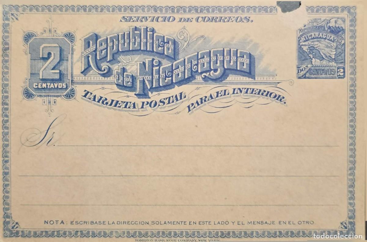 Sellos: O) 1896 NICARAGUA, MAP 2 centavos, POSTAL STATIONERY, UPU, TORN AT THE TOP, UNUSED