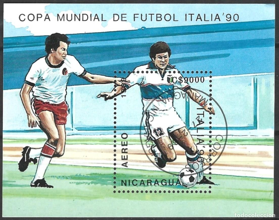 Sellos: NICARAGUA - 1990 - CAMPEONATO DEL MUNDO DE F&Uacute;TBOL 1990 ITALIA - BLOQUE ESTAMPADO