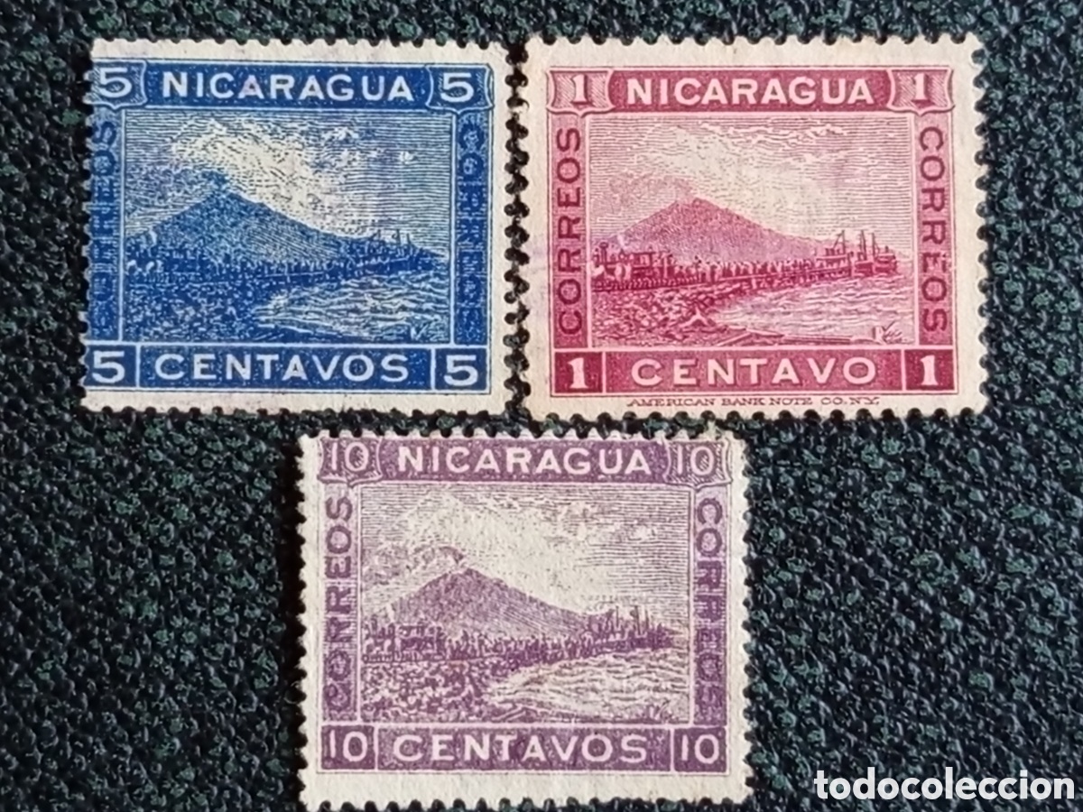 Sellos: Lote 3 Sellos Nicaragua 1900 Volc&aacute;n Momotombo Tren (Catalogaci&oacute;n Scott #121/124) MH y usado