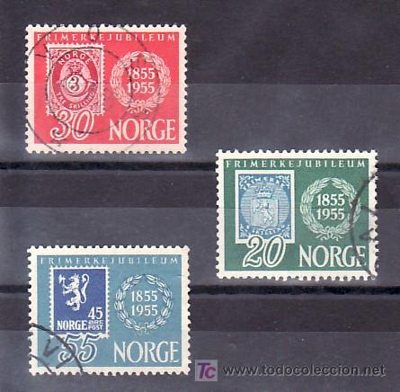 Sellos: NORUEGA  355/7 USADA, CENTENARIO DEL SELLO, - Foto 1