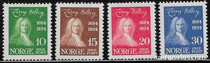 Sellos: NORUEGA 1934, Ivert 160/163 - CENTENARIO NACIMIENTO LUDWING HOLBERG. MNH.