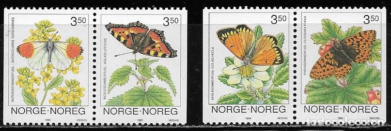 Sellos: NORUEGA 1993/94, Ivert 1071/72 y 1107/08 - FAUNA - MARIPOSAS. MNH.