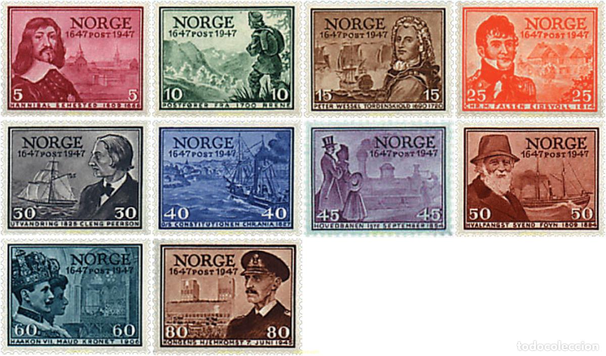 Sellos: 367629 MNH NORUEGA 1947 3 CENTENARIO DEL ESTABLECIMIENTO DEL CORREO EN NORUEGA