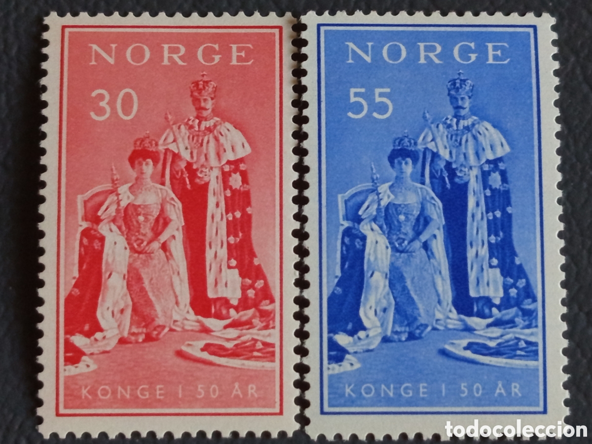 Sellos: Noruega 1955 30+55 &oslash;re Rey Haakon VII 50 aniversario par MH Scott 343-344
