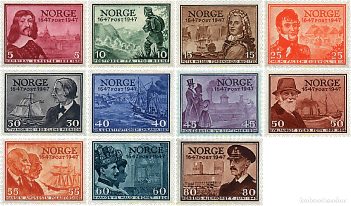 Sellos: 56745 MNH NORUEGA 1947 3 CENTENARIO DEL ESTABLECIMIENTO DEL CORREO EN NORUEGA