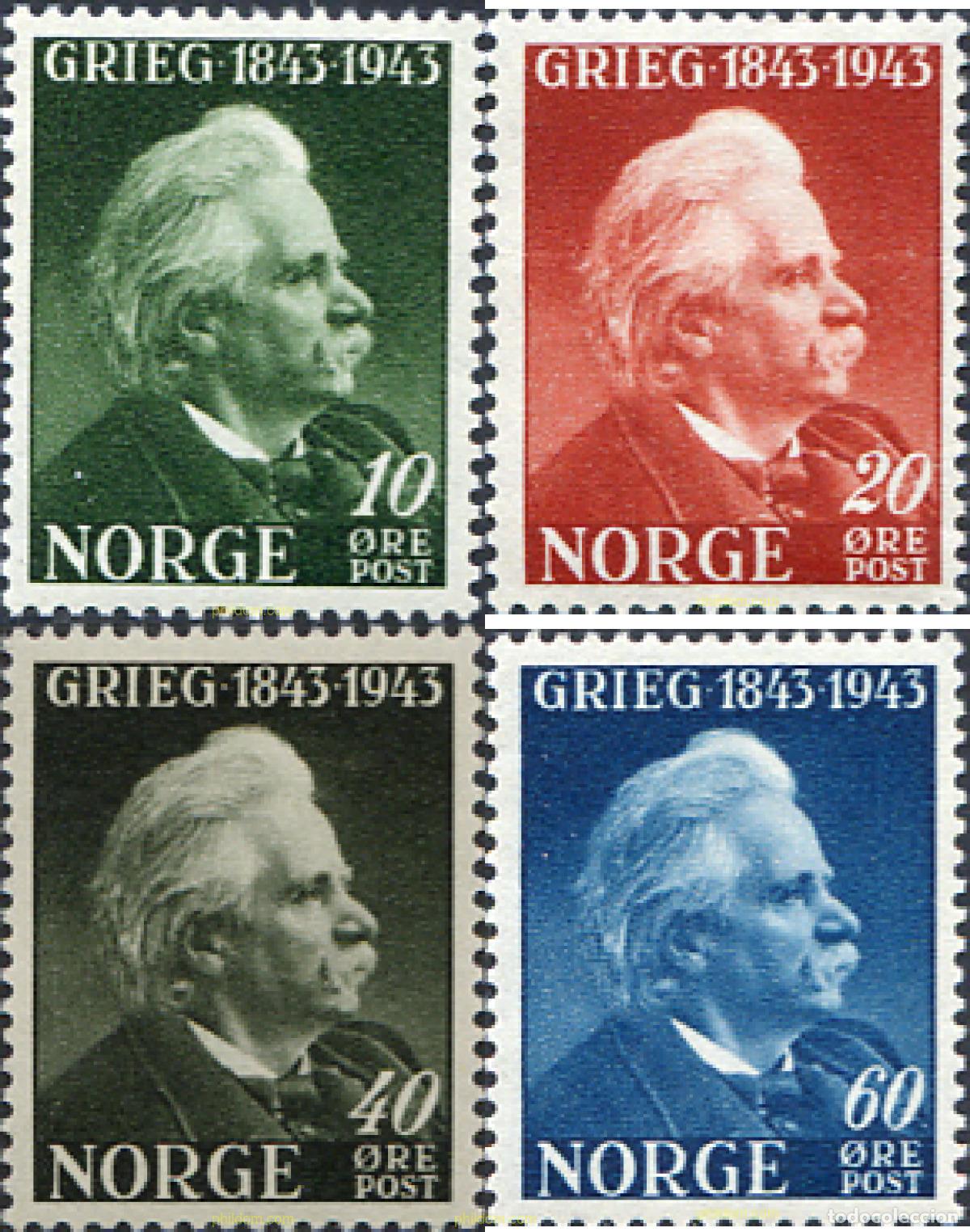 Sellos: 101896 MNH NORUEGA 1943 CENTENARIO DEL NACIMIENTO DE EDOUARD GRIEG