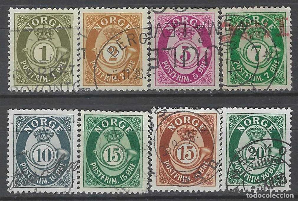 Sellos: NORUEGA 1940-52 - CUERNO POSTAL Y CIFRA, 8 VALORES, FONDO LISO - USADOS