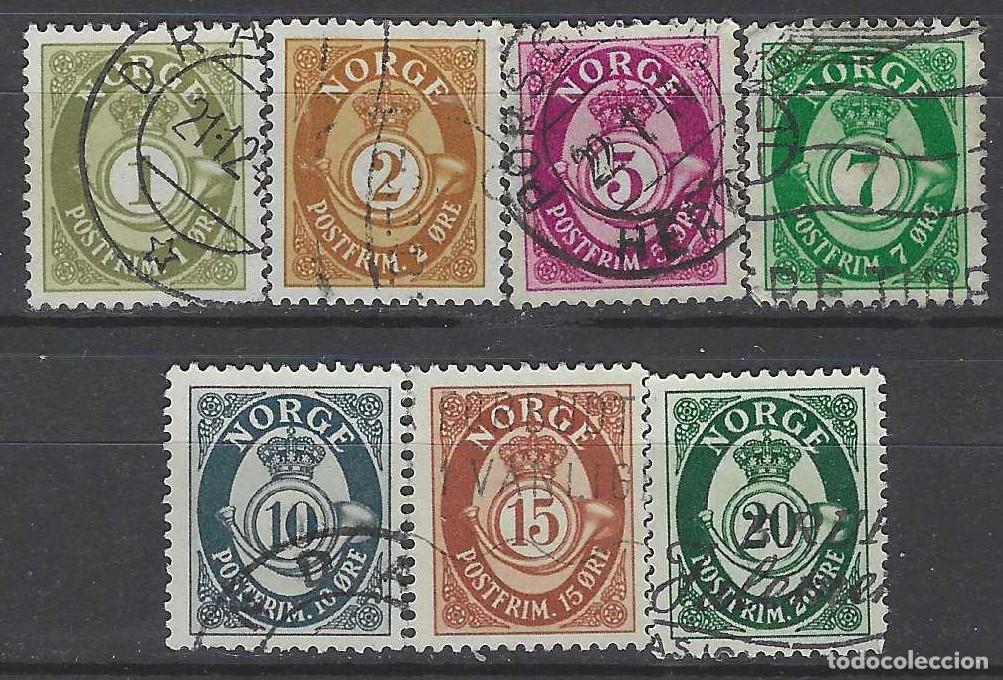 Sellos: NORUEGA 1940-52 - CUERNO POSTAL Y CIFRA, 7 VALORES, FONDO LISO - USADOS