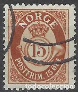 Sellos: NORUEGA 1951-52 - CUERNO POSTAL Y CIFRA, MARR&Oacute;N, FONDO LISO - USADO
