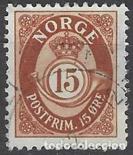 Sellos: NORUEGA 1951-52 - CUERNO POSTAL Y CIFRA, MARR&Oacute;N, FONDO LISO - USADO