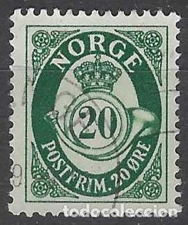 Sellos: NORUEGA 1951-52 - CUERNO POSTAL Y CIFRA, VERDE, FONDO LISO - USADO