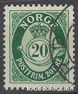 Sellos: NORUEGA 1951-52 - CUERNO POSTAL Y CIFRA, VERDE, FONDO LISO - USADO