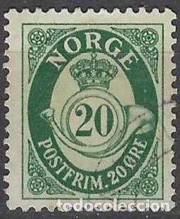 Sellos: NORUEGA 1951-52 - CUERNO POSTAL Y CIFRA, VERDE, FONDO LISO - USADO