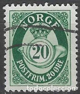 Sellos: NORUEGA 1951-52 - CUERNO POSTAL Y CIFRA, VERDE, FONDO LISO - USADO