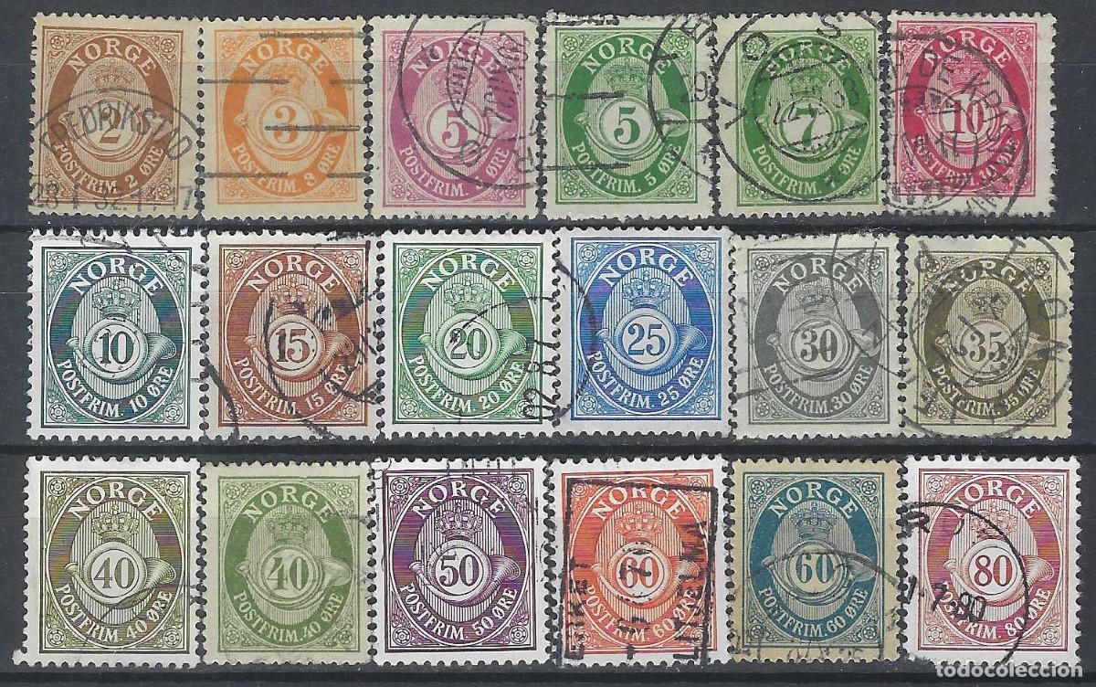Sellos: NORUEGA 1937-78 - CUERNO POSTAL Y CIFRA, 18 VALORES, FONDO RAYADO - USADOS