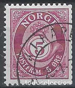 Sellos: NORUEGA 1937-78 - CUERNO POSTAL Y CIFRA, P&Uacute;RPURA , FONDO RAYADO - USADO
